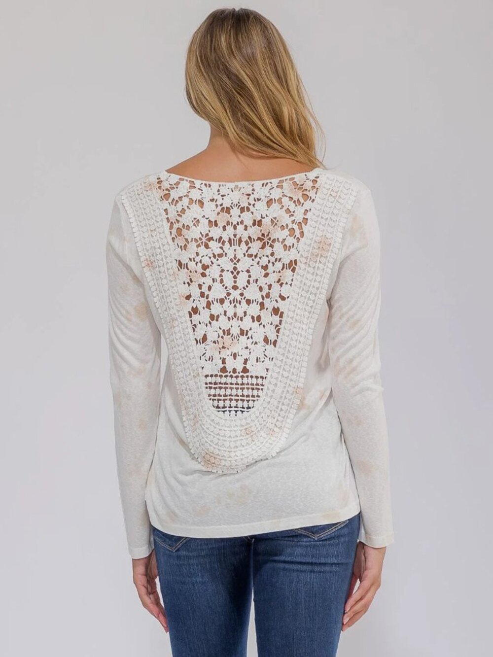 LONG SLEEVE V-NECK BACK CROCHET DETAILED TIE DYE TOP Cream Pink NEW